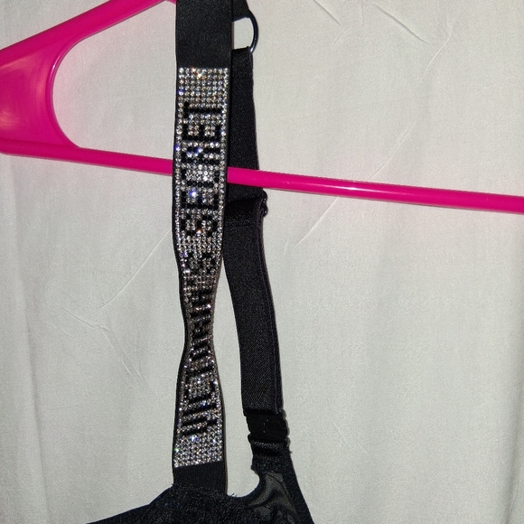 VS 32C  Logo Bling Shine Strap Wicked Black Unlined Bra Floral Lace Uplift Black - Picture 4 of 8